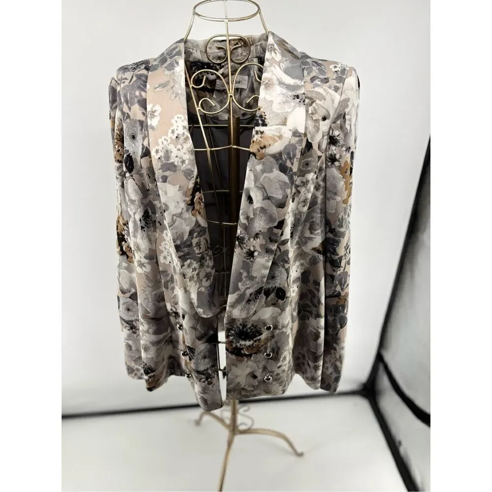 Calvin Klein Floral Print Open Front Blazer Women's Size 14 Gray White Black - Picture 1 of 13